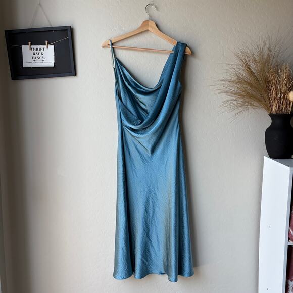 NEW Fame and Partners Carmen Blue Satin Cowl Neck Sleeveless Midi Dress 4 - Picture 8 of 11